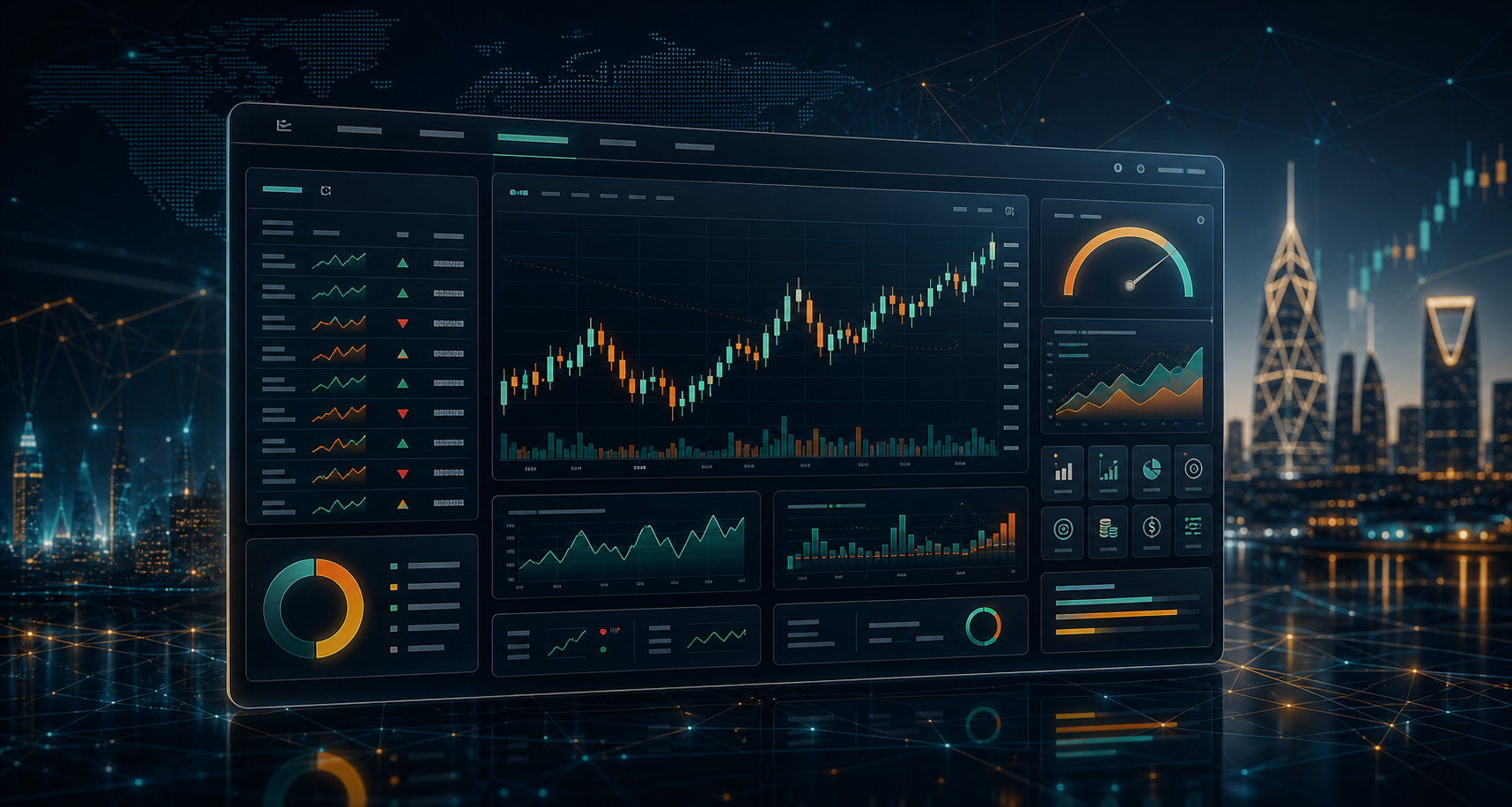 Digital trading dashboard showing charts and global markets
