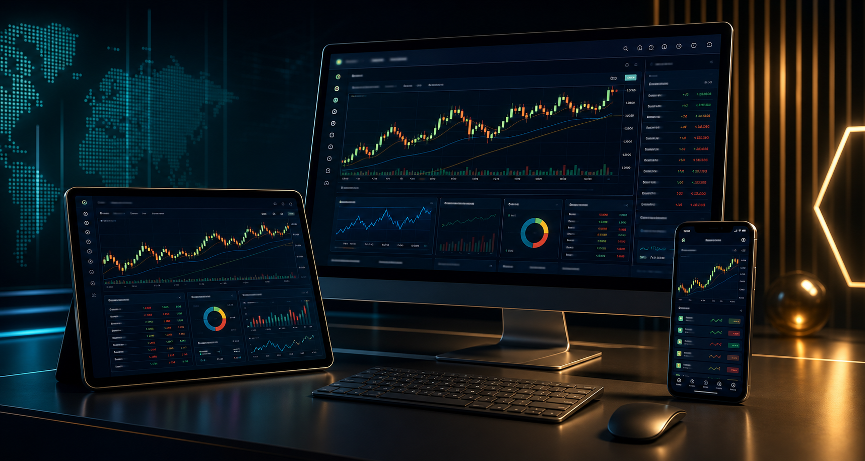 Device mockups showing a digital trading platform