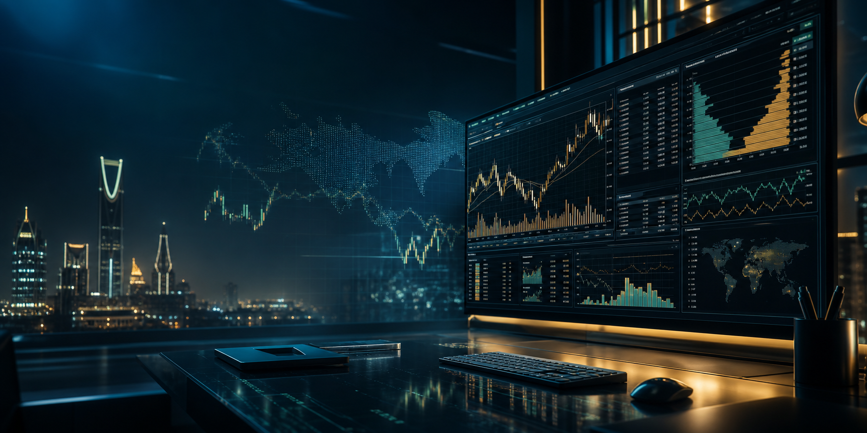 Digital trading dashboard showing charts and global markets